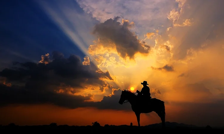Cowboy riding into the sunset