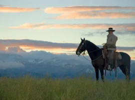 Cowboy on Montana ridge at first light,mountain background.