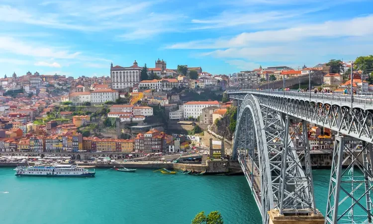 view of panoramic porto old town and dom luis bridge with duoro river ,portugal