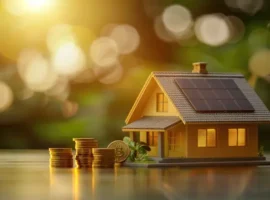 Toy house with solar panels and stack of coins.