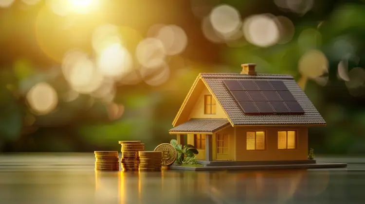 Toy house with solar panels and stack of coins.