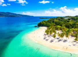 Aerial drone view of beautiful caribbean tropical island Cayo Levantado beach with palms. Bacardi Island, Dominican Republic.