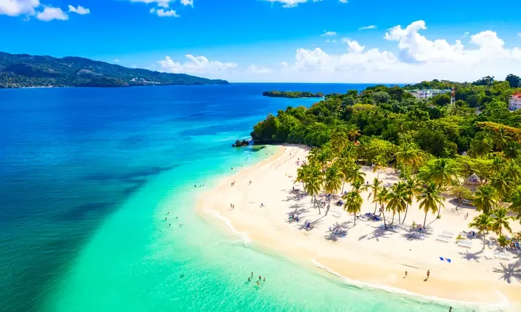 Aerial drone view of beautiful caribbean tropical island Cayo Levantado beach with palms. Bacardi Island, Dominican Republic.