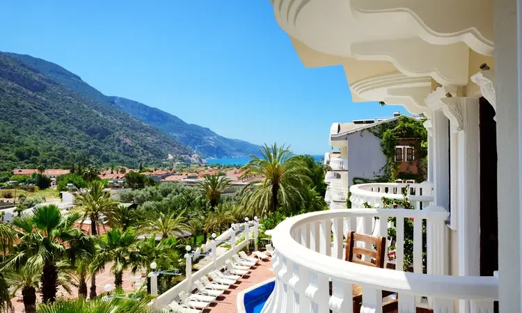 View from the balcony on a beach at luxury hotel, Bodrum, Turkey.