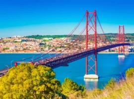 The 25th April Bridge (Ponte 25 de Abril) in Lisbon, Portugal.