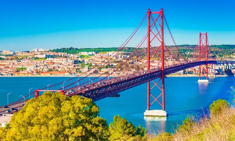 The 25th April Bridge (Ponte 25 de Abril) in Lisbon, Portugal.