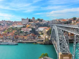 Porto old town and dom luis bridge with duoro river, portugal