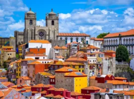 View over the old town of Porto, Portugal with the cathedral and colorful buildings