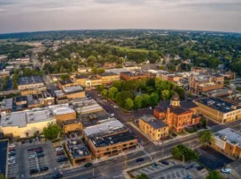 Aerial View of Downtown Woodstock, Illinois during Summer Twilight