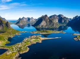 Aerial view of Lofoten, an archipelago in the county of Nordland, Norway.