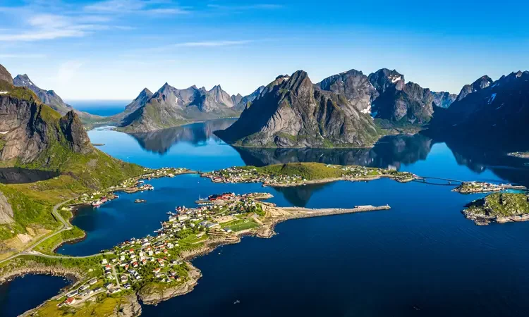 Aerial view of Lofoten, an archipelago in the county of Nordland, Norway.