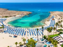 Aerial bird's eye view of Vathia Gonia beach, Ayia Napa, Famagusta, Cyprus.