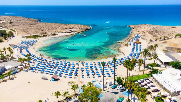 Aerial bird's eye view of Vathia Gonia beach, Ayia Napa, Famagusta, Cyprus.