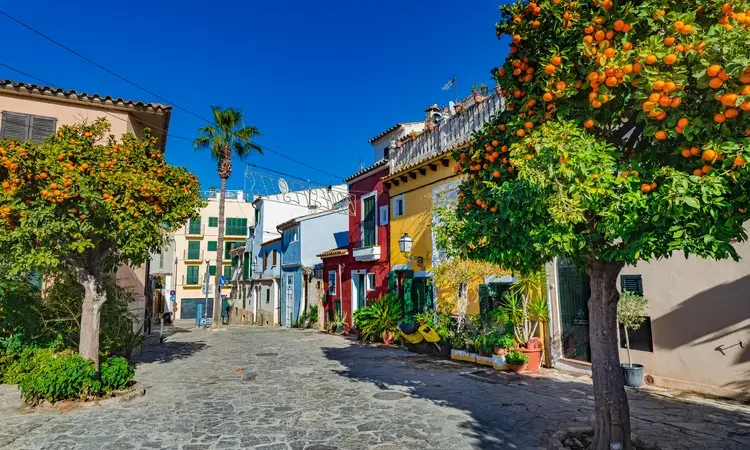 Spain, Palma de Mallorca, view of colorful houses in city center